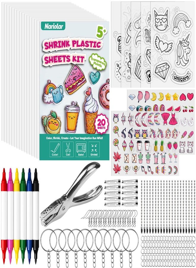 Nariolar 189Pcs Shrinky Plastic Sheets Kit Includes 22 Shrinking Paper, 6 Colored Markers, 160 Keychain Accessories, and a Hole Punch for Creative Crafts - Image 1